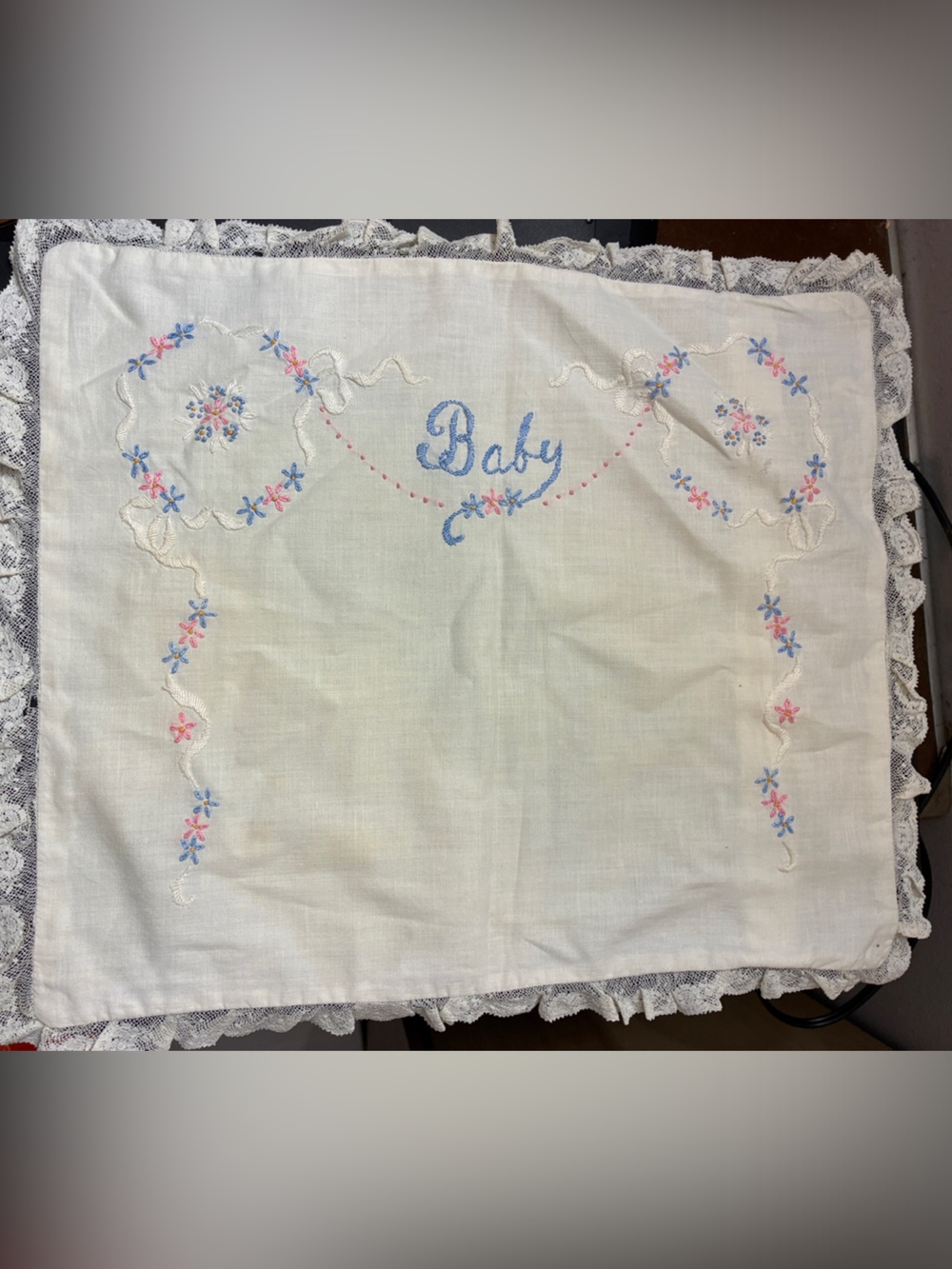 Hand Embroidered Baby Linen with Lace Trim - Pillow case